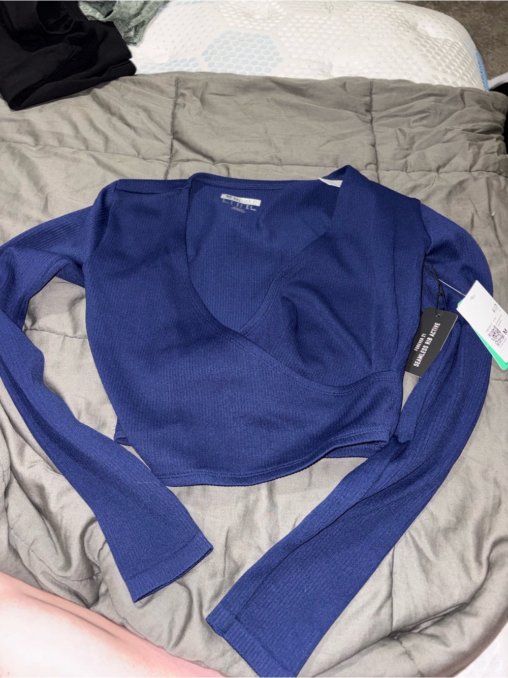 Forever 21 Navy Blue Wrap Crop Long Sleeve Top